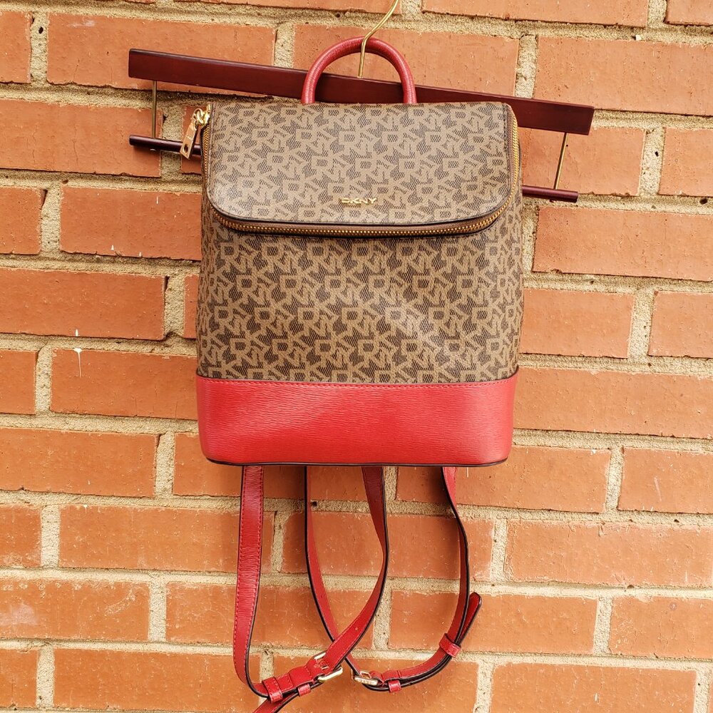 BNWoT DKNY Bryant Signature Top Zip Backpack in camel brown / candy red (OS) - Picture 5 of 8